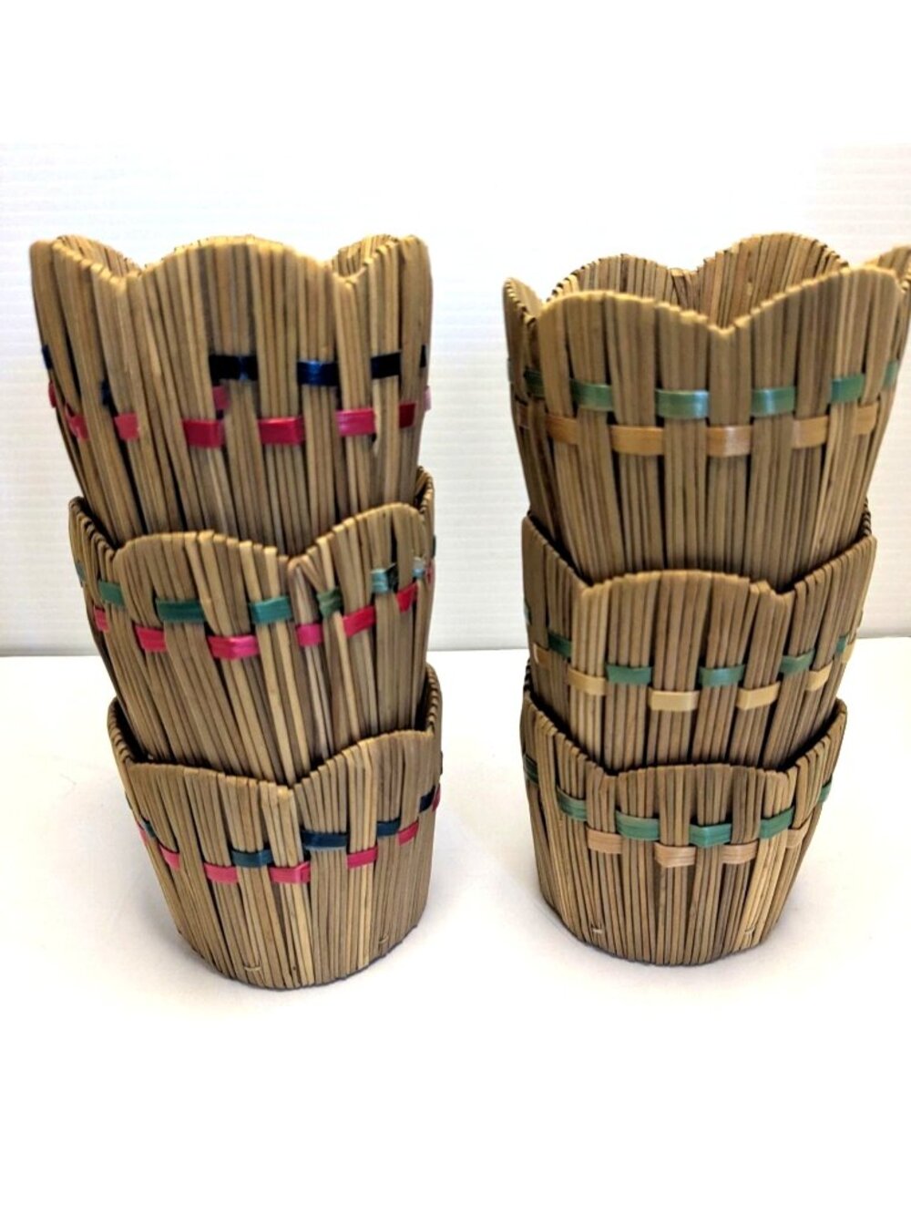 Vtg. Japanese Tiki Barware Raffia Straw Woven Glass Holders Set Of 6 1950s